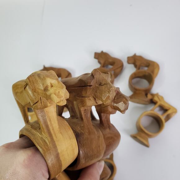Handcrafted Wooden Lion Animal Napkin Rings Set of 9 Hand Carved in Kenya VTG - Picture 7 of 13